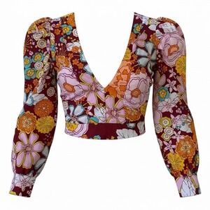 Truth NYC Women's sz M‎ Maroon Floral V NECK Cropped Long Sleeve Blouse